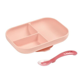 Set Repas Bébé en Silicone avec Ventouse - Assiette Compartimentée et Cuillère Rose