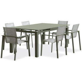 Ensemble de Jardin Kaki Miami : Table Extensible et 6 Fauteuils Empilables