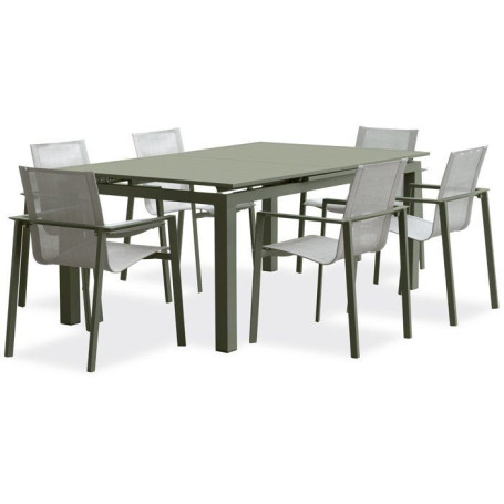 Ensemble de Jardin Kaki Miami : Table Extensible et 6 Fauteuils Empilables