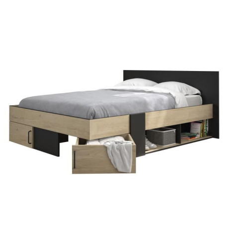 Lit adulte avec tiroirs de rangement SWIVEL - Châtaignier et Noir - 140x190
