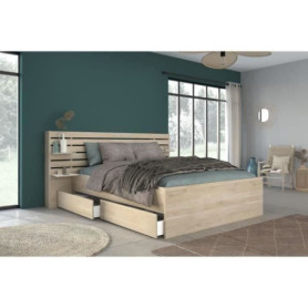 Lit Adulte ESCALE 160x200 cm en Chêne du Japon avec Tiroirs et Tête de Lit
