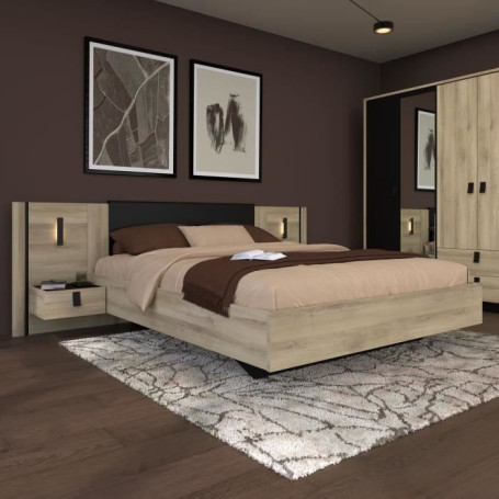 Lit double KIERAN avec chevets intégrés - 160 x 200 cm - Chêne et Noir