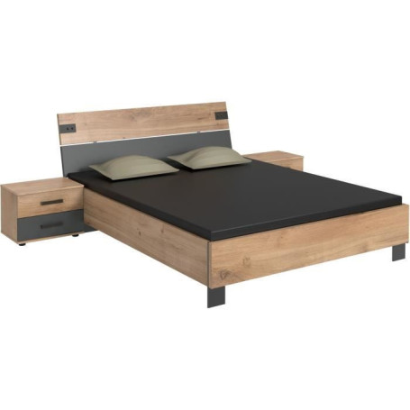 Lit LAMIA avec chevets à tiroirs - 140x200 cm - Chêne et Graphite