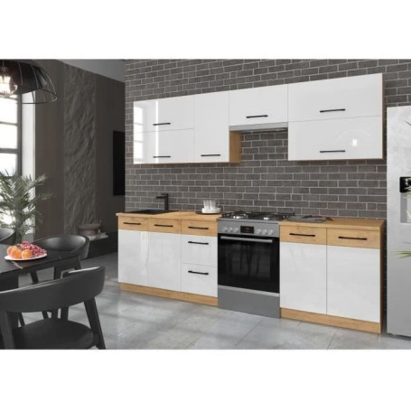Cuisine complète ROCK en mélaminé chêne Lancelot et blanc brillant - 260 cm