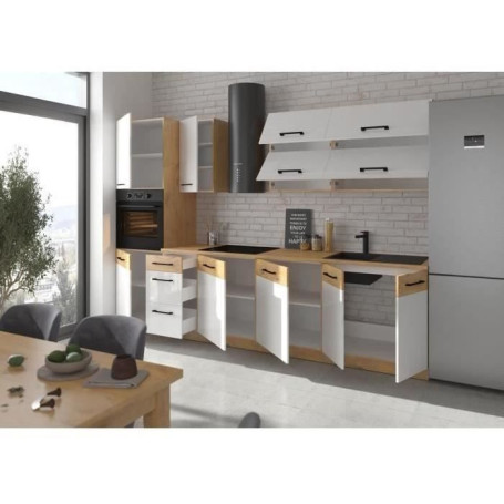 Cuisine complète ROCK en mélaminé chêne Lancelot et blanc brillant - 300 cm
