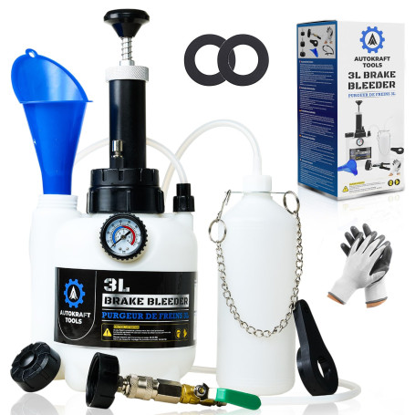 Autokraft Tools - Purgeur de Frein Voiture 3L - Pompe en Métal - Valve de Contrôle du Débit - Adaptateur Universel E20 - Entonno
