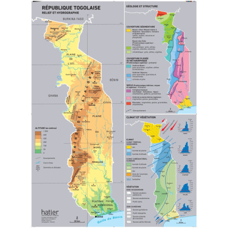 Carte Togo (Lot de 5) relief, administration, économique, tourisme, géologie, climat & végétation