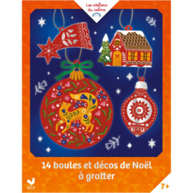 14 boules et décos de Noël à gratter - pochette avec accessoires