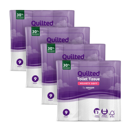by Amazon Papier Toilette, 3 Épaisseurs Matelassé, Doux et Soyeux, 36 Rouleaux (4 Paquets de 9), 200 Feuilles par Rouleau, Certi