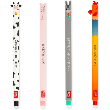 Legami - Set of 4 Farm Sweet Farm Erasable Gel Pens, Stylos à encre thermosensible effaçable, noir, rose, vert, rouge, efface sa