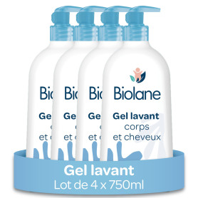 BIOLANE - Lot de 4 Gels Corps Et Cheveux 2 en 1 - Gel Lavant - 750ml - 97% Origine Naturelle - Doux - Peaux Sensibles - Cheveux 