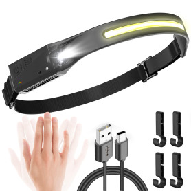 UNBON Lampe Frontale Rechargeable, Lampe Frontale LED Ultra Puissante USB C avec 5 Modes d’Éclairage, Détecteur de Mouvement, La