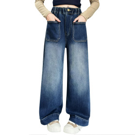 Domueay Jeans pour Filles Baggy Denim Pantalon Long avec Haute Taille Élastique, Loose Fit Doux Mode Casual Polyvalent Enfants V
