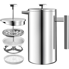 KICHLY Cafetière à piston en acier inoxydable - Machine à expresso et à thé avec triple filtres - Verre résistant à la chaleur a