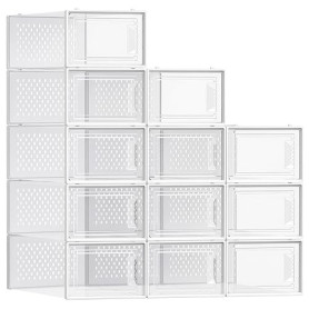 SONGMICS Boîtes à Chaussures, Lot de 12, Rangement Chaussures, Pliable, pour Pointure jusqu’à 44, Transparent et Blanc LSP12SWT