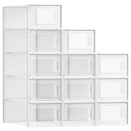 SONGMICS Boîtes à Chaussures, Lot de 12, Rangement Chaussures, Pliable, pour Pointure jusqu’à 44, Transparent et Blanc LSP12SWT