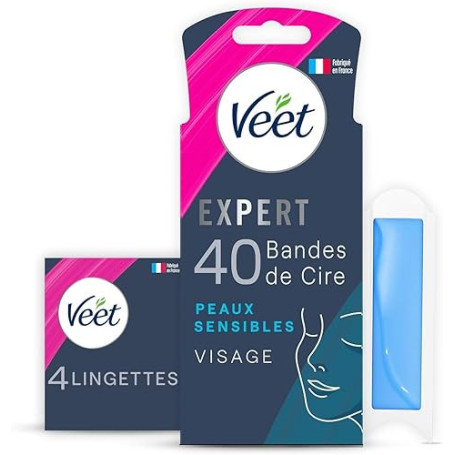 Veet EXPERT - 40 Bandes de Cire Froide Visage - Peaux Sensibles - Finition Parfaite - Epilation Longue Durée
