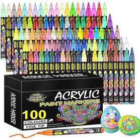 Lyuvie Feutre Acrylique, 100 Couleur Marqueur Peinture Acrylique pour Textile Verre Galets Métal Tissu Bois Céramique, Permanent