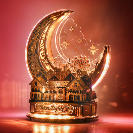 FUNPOLA Puzzle 3D Ville Lunaire avec LED – Maquette en Bois à Construire – Puzzle en Bois 3D pour Adultes, Décoration Intérieure