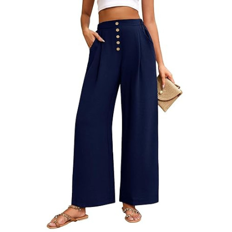 Heekpek Pantalon Large Fluide pour Femmes - Détente Léger d'Été Palazzo à Taille Haute avec Boutons - Causal à Taille Élastiquée