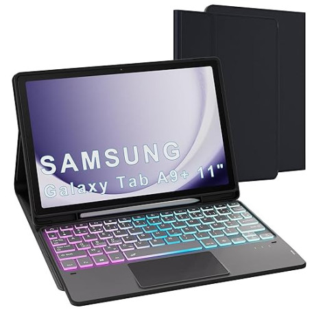 pour Samsung Galaxy Tab A9+ 11 pouces Étui avec clavier détachable - français AZERTY, Clavier rétroéclairé 3 zones 7 couleurs DI
