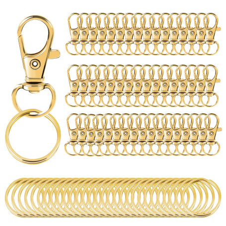 AUGSUN 100Pcs Attache Porte Clé (50 Mousqueton Porte-Clé, 50 Anneaux de Porte Clé) Porte Clef d'Or pour Bijoux, Loisirs Créatifs