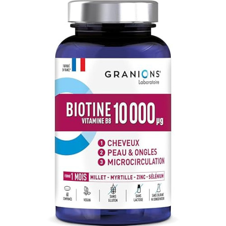 Biotine 10 000 µg GRANIONS, Complement alimentaire CHEVEUX, PEAU, ONGLES - Vitamine B5, Biotine, Millet, Cystine, Myrtille, Zinc