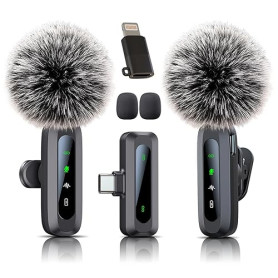 Microphone cravate sans fil pour iPhone et prise USB-C, mini micro sans fil avec réduction du bruit, écran LED et clip rotatif –