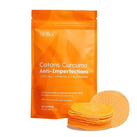 Séfia - Cotons anti-imperfections visage & corps - 30 cotons - Curcuma + Vitamine C + Niacinamide - Aide à atténuer l'apparence