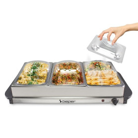 BEPER P101TEM002 Chauffe-Buffet, Chauffe-Aliments, 4 Plateaux Amovibles + Base chauffante, Thermostat réglable et poignées isola