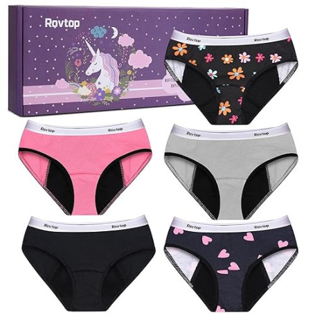 Rovtop Lot de 5 Culotte Menstruelle en Coton pour Fille Culotte Incontinence pour Enfants Adolescente Culotte Périodiques Lavabl