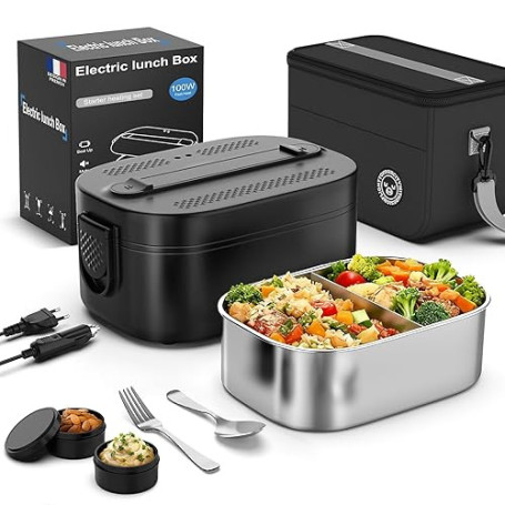 Gamelle Chauffante, 100 W Lunch Box Chauffante Electrique, 1,5 L Gamelle Isotherme pour Repas Chaud, 12V/24V/220V Boite Repas po