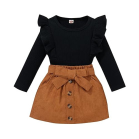 Geagodelia Ensemble de Vêtements Bébé Fille Enfant 2PCS Jupe à Boutons et Haut Pull Manches Longues en Tricot Côtelé à Volants T
