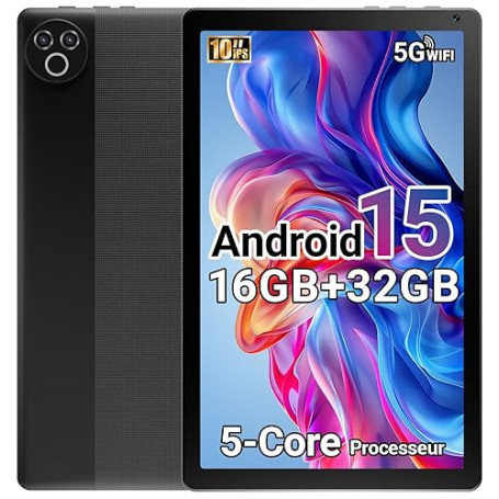 Yicty Tablette 10 Pouces Android 15 2026, 16 Go RAM, Processeur 5 cœurs, Écran HD IPS 1280x800, Double caméra, WiFi 6 5G, Blueto
