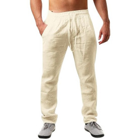 Runcati Pantalon en Lin pour Homme - Couleur Unie - Long - Léger - Coupe Ample - avec Cordon de Serrage - pour Les Vacances, la