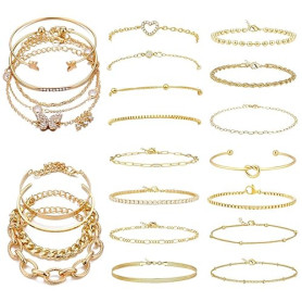 JSTHHTT 24 Pièces Bracelet Femme Layered Or, Bracelet Femme Or, Bijoux Acier Inoxydable Femme, Réglable, Bracelet Chaîne Empilab