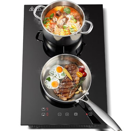 KICHPOWER Plaque Induction 2 feux Encastrable, Plaque de Cuisson Electrique 30cm, Commande Tactile, 3300W, 9 niveaux de puissanc