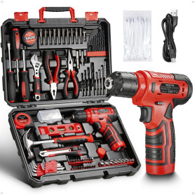 Kit d’outils 233 pièces avec perceuse sans fil, boîte à outils complète pour bricolage à domicile comprenant tournevis, pinces, 