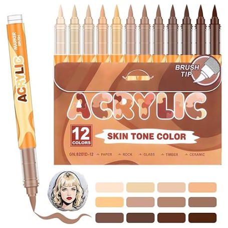 12 Feutre Acrylique Brush Marker – Set de 12 Marqueurs de Peinture Acrylique Skin Tone Color Series , Pointe Brush 0.5~5MM Pince
