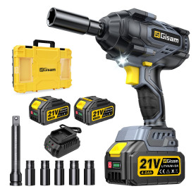 Gisam 1400N.m Clé à Choc Sans Fil Brushless avec 2 * 4.0Ah Batterie, 4 niveaux de puissance, 21V 1/2 Boulonneuse à Choc avec 5 D