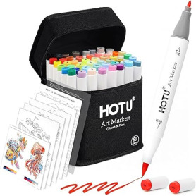 HOTU 50 Couleurs Feutres à Alcool, Marqueurs Double Pointe Pinceau (Brush) & Fine, Set Professionnel pour Coloriage Adulte et Ma