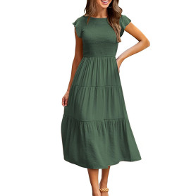 CMTOP Robe Ete Femme Robe Longue Chic et Elegant Manches à Volants Col Rond Robes au Genou Taille Élastique Décontractée Robe de