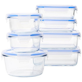 Amazon Basics Couvercles Verrouillables en Verre Étanches, Récipients de Conservation des Aliments, Ensemble de 14 Pièces, 7 Bas