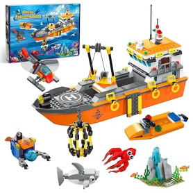 AKWME City Ocean Explorer Bateau Jeu de Construction, Jouet Construction Bateau Exploration avec lumières LED, Hélicoptère, sous