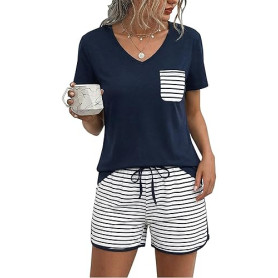 Demegimi Pyjama Femme Été Ensemble 2 Pièces Short et Haut Manche Courte Col V Vêtements de Nuit Coupe Décontractée Tenue de Déte
