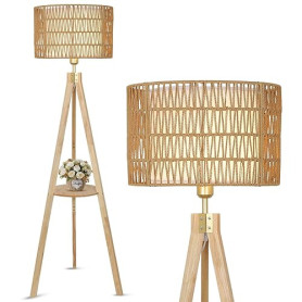 Rayofly Lampadaire Salon, Lampadaire en Bois avec Etagère, Lampe sur Pied Vintage avec Abat-jour en Rotin & Lin, Lampe sur Pied