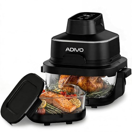ADIVO Friteuse à Air fryer Verre 4L/1.5L,1500W Bol en Verre Visuel,Double Capacité,4 Modes de Cuisson,Sans Huile & Sans Revêteme