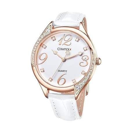 COMTEX Montre pour femme avec grand cadran blanc et strass et bracelet en cuir blanc (or rose)