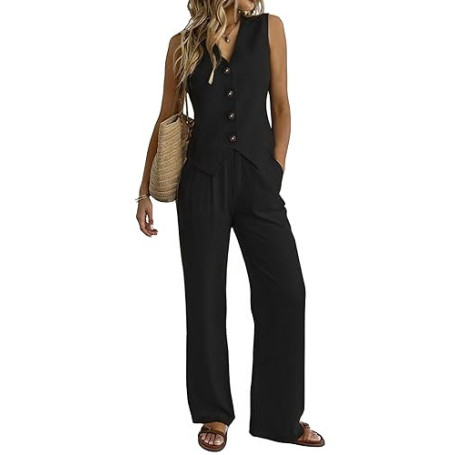 Fakanhui Ensemble 2 pièces en lin pour femme - Gilet d'été - Jambes larges - Pantalon d'affaires, loisirs, vacances, ensembles d