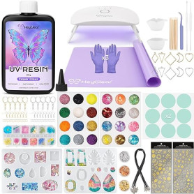 HeyClear 250g Kit de Resine UV avec Lampe, Résine UV Transparent Comprend Moule et Matériel de Moulage pour Création de Bijoux,
